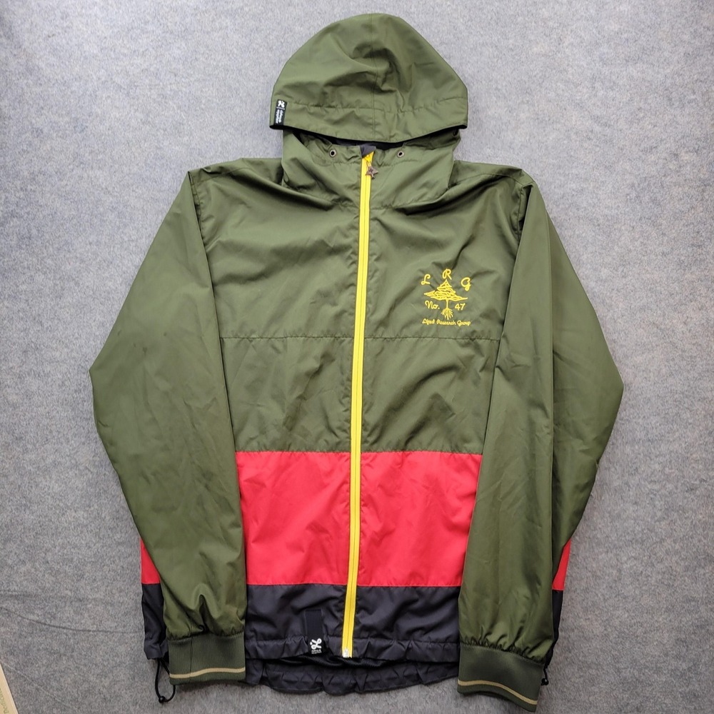 LRG Jacket Mens XL Green‎ Red Black Hooded Colorblock Zip Lifted Research Coat*
